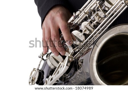 Musician playing a saxophone isolated on white