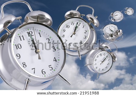 Time flies concept - alarm clocks disappearing into the distance
