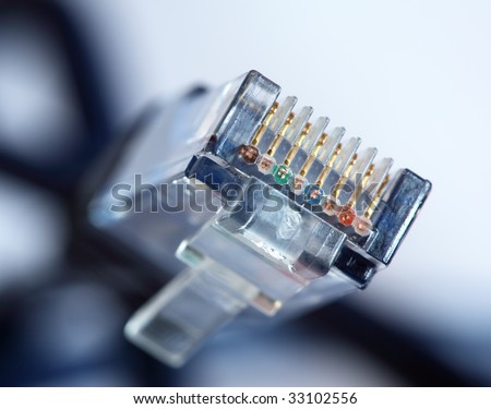 Close up of clear plastic head of RJ45 or 8P8C network cable