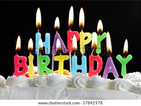 Sendbirthday Cake on Colorful Happy Birthday Candles Burning On A Cake Stock Photo 57841978