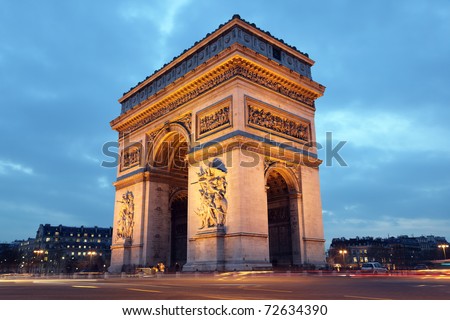 Arc de Triomphe in Paris, France at night