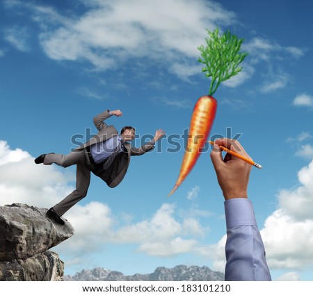 Businessman trying to reach a dangling carrot being drawn in the sky by a giant hand concept for business motivation, incentive, temptation or corporate bribing