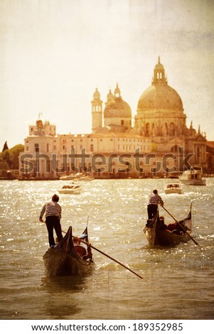 Gondolas and sunset in front of Santa Maria Della Salute Venice Italy in old-fashioned dreamy style Gondolas and sunset in front of Santa Maria Della Salute Venice Italy in old-fashioned dreamy style