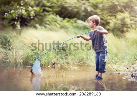 Boy in a pond with a fishing net catching fish in the summer sun concept for childhood, healthy lifestyle and vacation