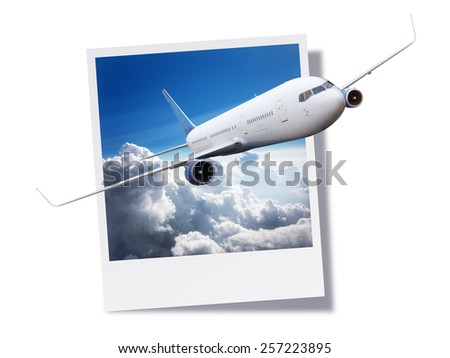 Passenger airplane flying above clouds breaking free from an instant print photo or postcard concept for travel and vacations
