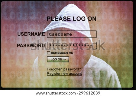 Computer hacker silhouette of hooded man with internet login screen concept for security, phishing and hacking network account username and password