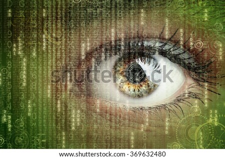 Womans eye with futuristic digital data concept for technology, virtual reality headset, biometric retina scan, surveillance or computer hacker security