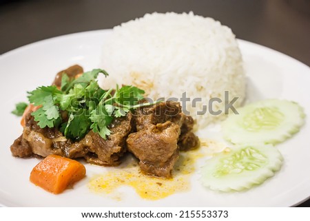 A meal of white rice and stew on a white plate, shallow depth of field