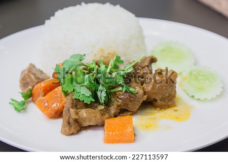 A meal of white rice and stew on a white plate