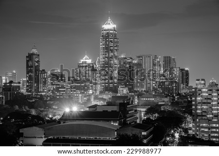 Bangkok night cityscape, Landmark of Bangkok modern town in twilight time. The popular tourist spot in Bangkok. Black and white tone