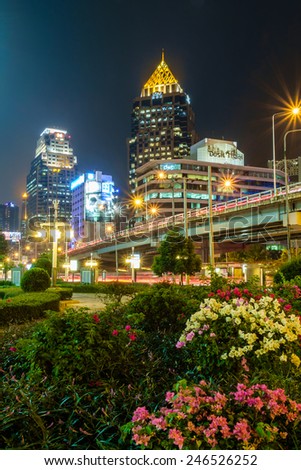 Bangkok - January 21: Night cityscape, office buildings and apartments at night. View from public park on January 21, 2015 at Bangkok Thailand.