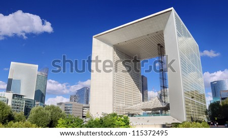 PARIS JULY 30 Grand Arch in most important business district La Defense on July 30 2012 in Paris France Project to build the Arch was supported by French president Mitterrand PARIS JULY 30 Grand Arch in most important business district La Defense on July 30 2012 in Paris France Project to build the Arch was supported by French president Mitterrand