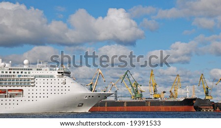 The passenger liner comes up in the sea from port of Riga.