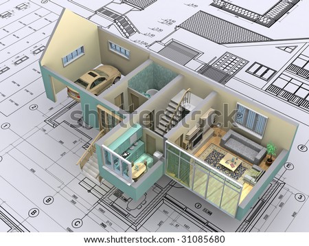 Architectural Design on 3d Isometric View The Cut Residential House On Architect S Drawing