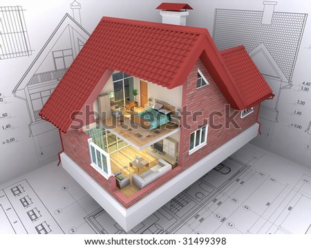 Architecture Home Design on 3d Isometric View The Residential House On Architect S Drawing