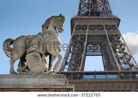 Horse sculpture on Lena bridge near to Eiffel Tower in Paris, France.