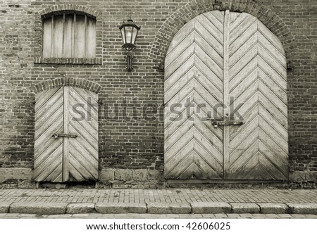 Wall with doors of a medieval building in Riga, Latvia.