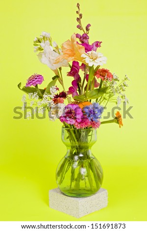A vase of colorful wild flowers against a colorful solid background.