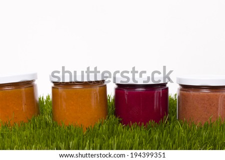 Four jars of jelly without labels sitting on a bed of grass against a white background.