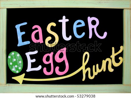 easter egg hunt handwritten on board in pastel colors