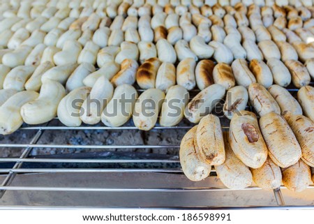 Grilled bananas on the grill on the market in Thailand.