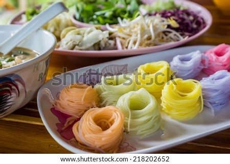 Colorful of Thai vermicelli, rice noodles eaten with curry,Thai food.