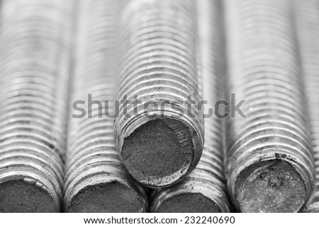 Stack of round steel bar - iron metal rail lines material for industry construction.