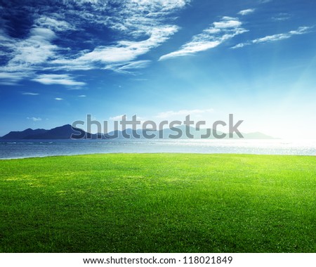 field of grass and sea in sunset time, Seychelles, LaDigue island