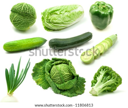 page of green vegetables isolated on white