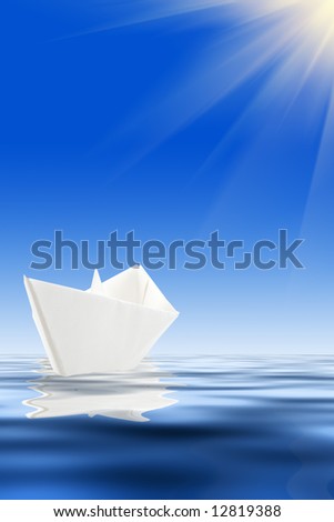 concept paper ship in water and sunny blue sky