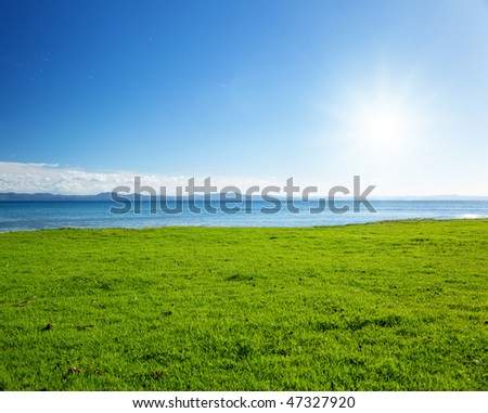 Caribbean sea and field of green grass
