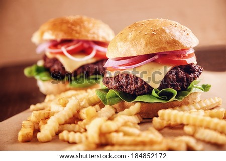 Ground beef Cheese Burger with Lettuce,Tomato and Red Onion with French Fries