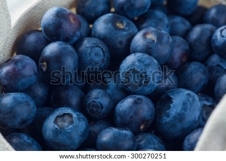 Close Up Of Organic Blueberries In Cloth Bag. Concept For Healthy Eating And Nutrition
