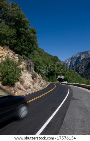 Scenic road in California with car in motion