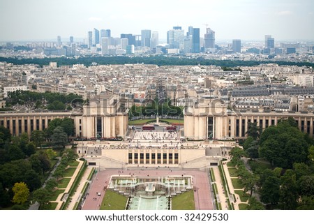 Birds eye view from Eiffel tower on Place de Varsovie, Pont d\'Iena and Challiot Palace