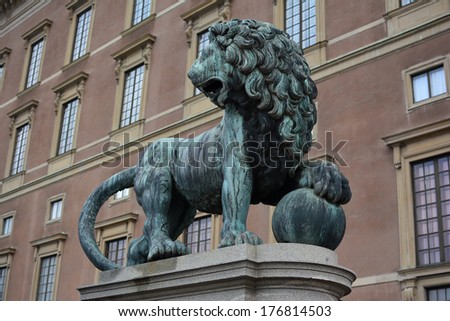 Lion statue outside the Royal Palace in Gamla Stan, Stockholm\'s old town