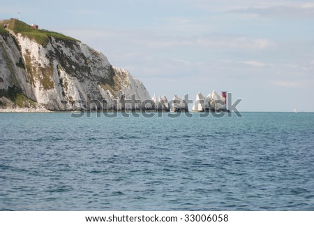 The sea, with the Needles rock formation on the Isle of Wight, England