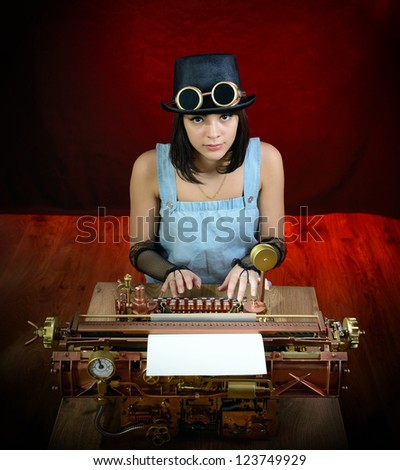 Girl and Steampunk style future Typewriter.