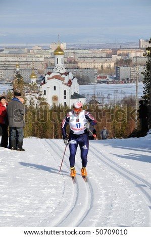 MONCHEGORSK, RUSSIA, APRIL 11: The Championship of Russia ski marathon in Monchegorsk, where men ski a distance of 70 kilometers. #17 - Kovjashov Edward in Monchegorsk, Russia on April 11, 2010