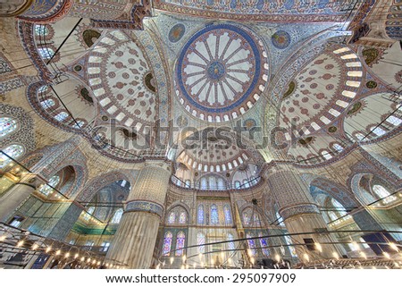 Interior view of the Blue Mosque (Sultan Ahmet Camii), featuring its domes, windows and pillars. Photo taken on June 26, 2015 in Istanbul, Turkey.