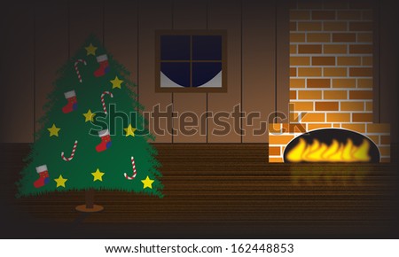 Christmas tree illustration with fireplace and christmas tree