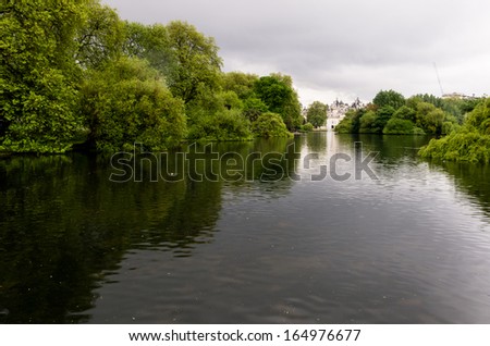 St. James Park with horse guards buildings and St. James pond, London, England