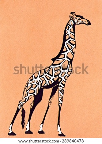 Giraffe on orange background ink drawing