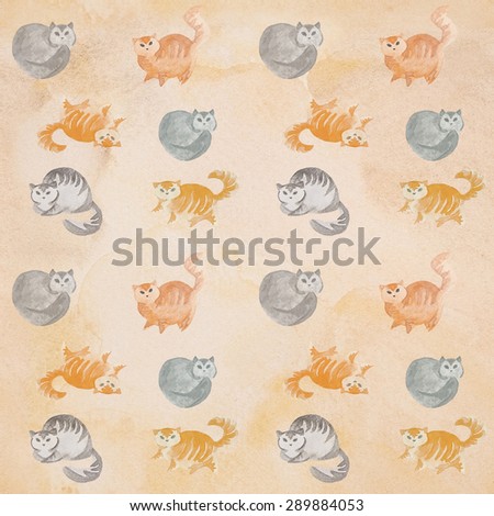 Seamless cute cats watercolor pattern background