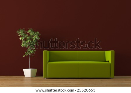 Modern purple sofa with bonsai tree