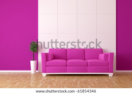 Modern purple sofa with bonsai
