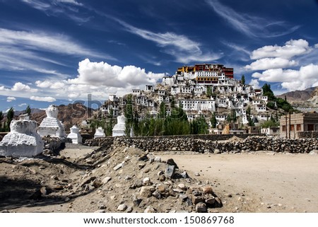 Thiksey Monastery in Clouds and Deep Blue Sky, India
