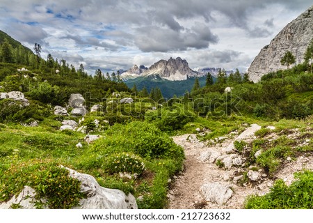 View on the Dolomite Moutnains with green Forest and Dirt Path - Sorapis Circuit, Dolomites, Italy, Europe