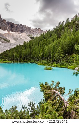 Turquoise Sorapis Lake with Pine Trees and Dolomite Mountains in the Back  - Sorapis Circuit, Dolomites, Italy, Europe