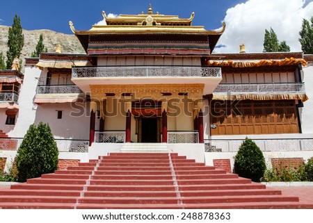 Colorful Buddhist Temple with Red Stairs and White walls - Ladakh, India